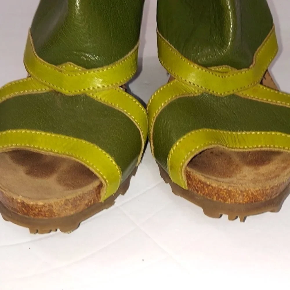 Fly London Luxe Kiwi & Olive Tieback Leather Platform Wedge Sandals Sz 36